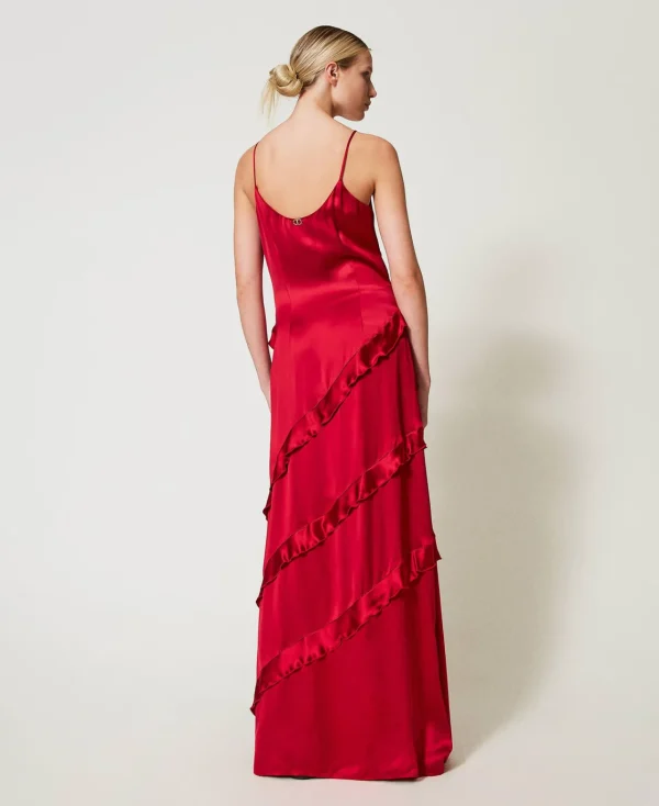 robe_longue_en_satin_avec_3.webp Robes Élégantes | Robes Longues*TWINSET Milano Robe Longue En Satin Avec Volants Rouge Vénitien