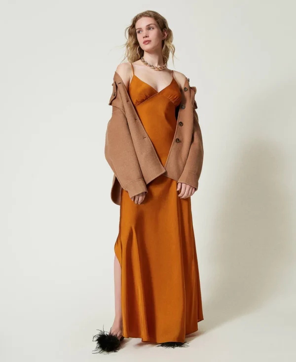 robe_longue_en_satin_avec_5-1.webp Robes De Cérémonie | Robes Élégantes*TWINSET Milano Robe Longue En Satin Avec Bretelles Spaghetti Orange « Tanné »
