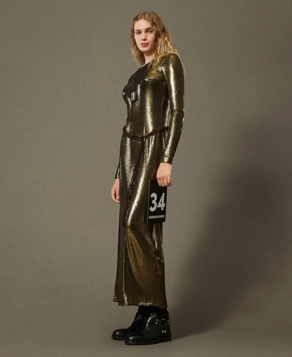robe_longue_lame_avec_dra_0.webp Robes De Cérémonie*TWINSET Milano Robe Longue Lamée Avec Drapé Lamé Or/Noir