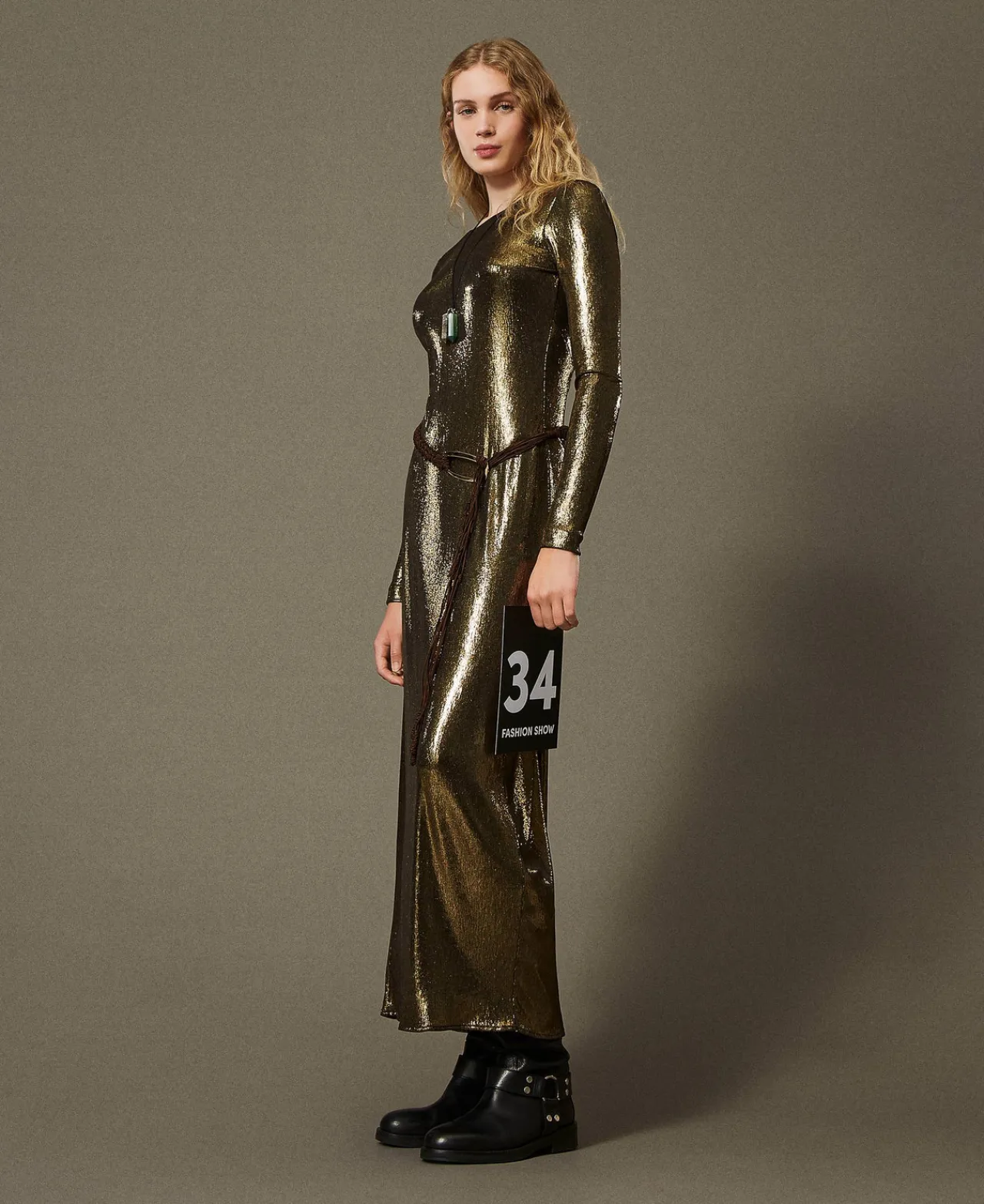 robe_longue_lame_avec_dra_0.webp Robes De Cérémonie*TWINSET Milano Robe Longue Lamée Avec Drapé Lamé Or/Noir