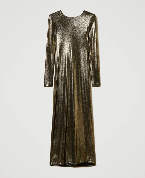 robe_longue_lame_avec_dra_1.webp Robes De Cérémonie*TWINSET Milano Robe Longue Lamée Avec Drapé Lamé Or/Noir
