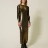 robe_longue_lame_avec_dra_2.webp Robes De Cérémonie*TWINSET Milano Robe Longue Lamée Avec Drapé Lamé Or/Noir
