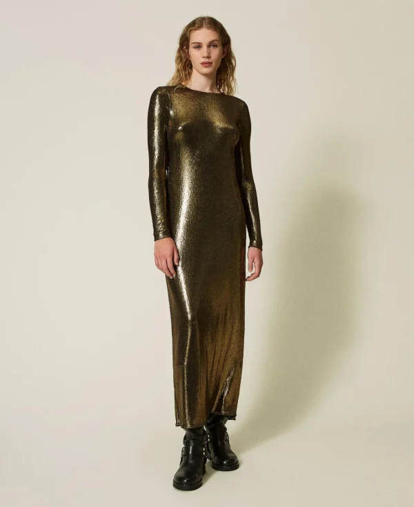 robe_longue_lame_avec_dra_2.webp Robes De Cérémonie*TWINSET Milano Robe Longue Lamée Avec Drapé Lamé Or/Noir