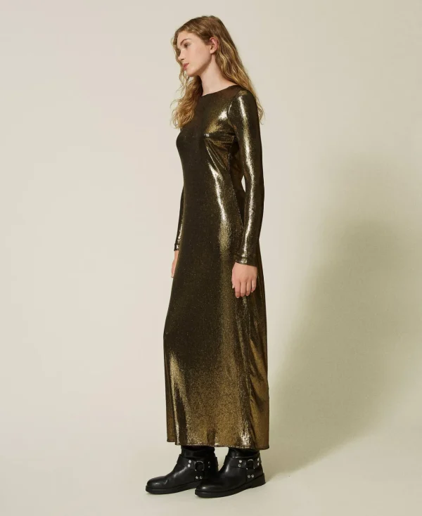 robe_longue_lame_avec_dra_3.webp Robes De Cérémonie*TWINSET Milano Robe Longue Lamée Avec Drapé Lamé Or/Noir
