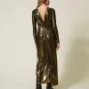 robe_longue_lame_avec_dra_4.webp Robes De Cérémonie*TWINSET Milano Robe Longue Lamée Avec Drapé Lamé Or/Noir