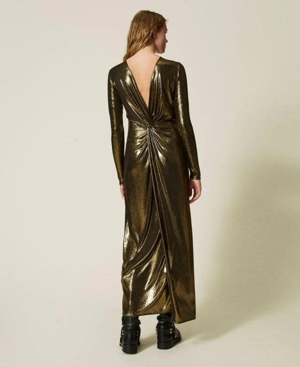 robe_longue_lame_avec_dra_4.webp Robes De Cérémonie*TWINSET Milano Robe Longue Lamée Avec Drapé Lamé Or/Noir