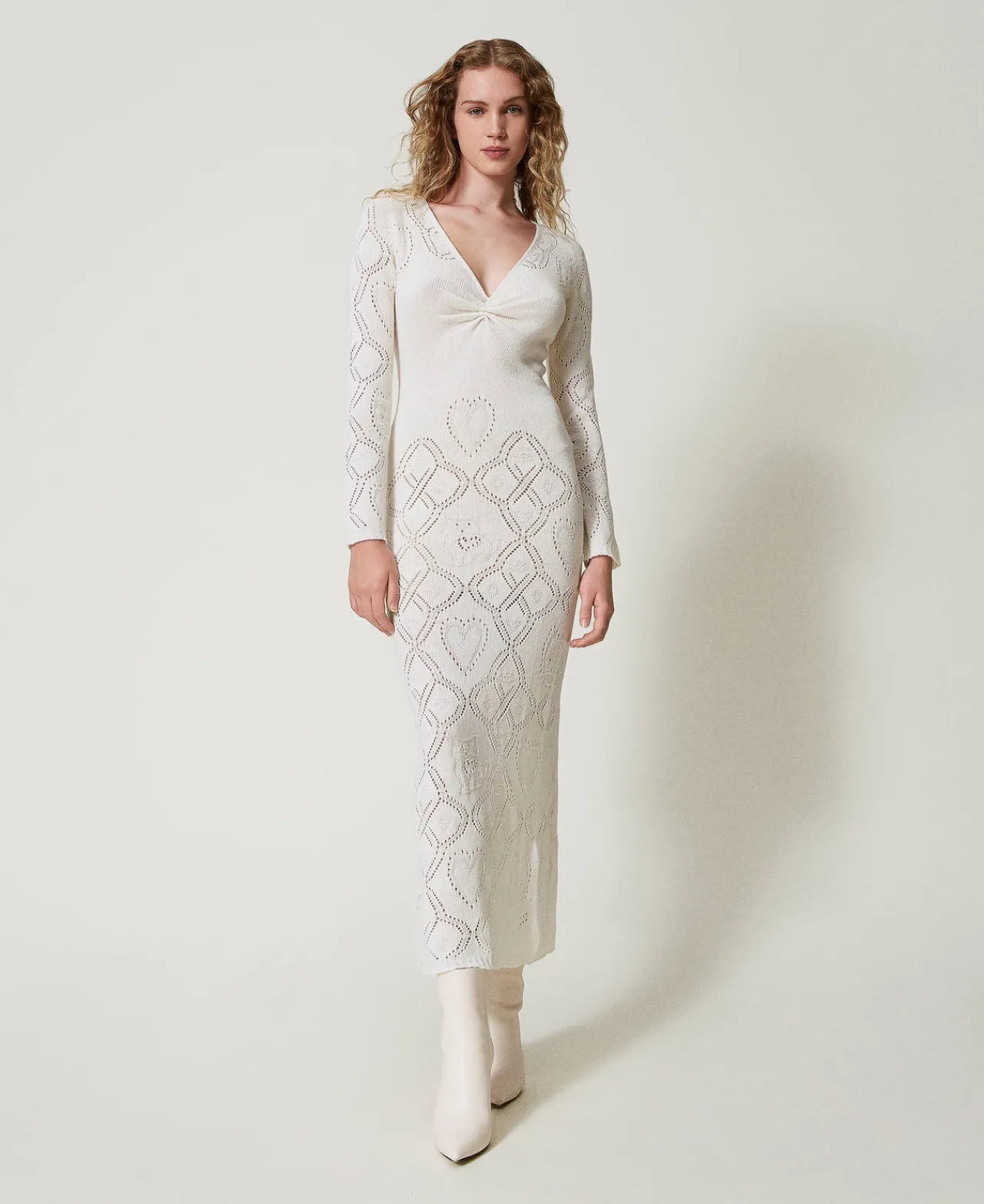 robe_longue_sans_coutures_0.webp Robes De Cérémonie | Robes Élégantes*TWINSET Milano Robe Longue Sans Coutures En Fil Treeblend Blanc Neige