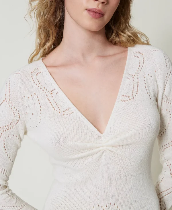 robe_longue_sans_coutures_4.webp Robes De Cérémonie | Robes Élégantes*TWINSET Milano Robe Longue Sans Coutures En Fil Treeblend Blanc Neige