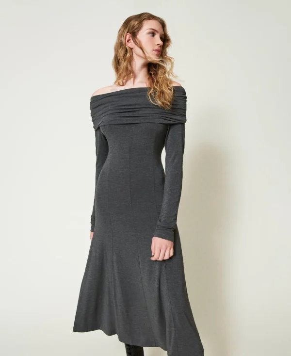 robe_midi_en_jersey_avec__0.webp Robes Midi*TWINSET Milano Robe Midi En Jersey Avec Broderie Siglée Gris Anthracite Chiné