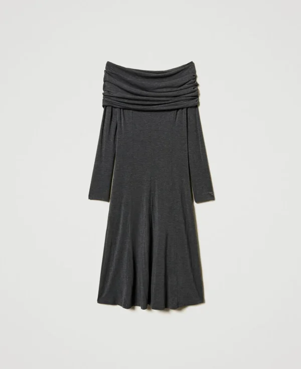 robe_midi_en_jersey_avec__1.webp Robes Midi*TWINSET Milano Robe Midi En Jersey Avec Broderie Siglée Gris Anthracite Chiné