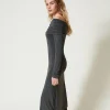 robe_midi_en_jersey_avec__2.webp Robes Midi*TWINSET Milano Robe Midi En Jersey Avec Broderie Siglée Gris Anthracite Chiné
