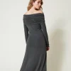 robe_midi_en_jersey_avec__3.webp Robes Midi*TWINSET Milano Robe Midi En Jersey Avec Broderie Siglée Gris Anthracite Chiné