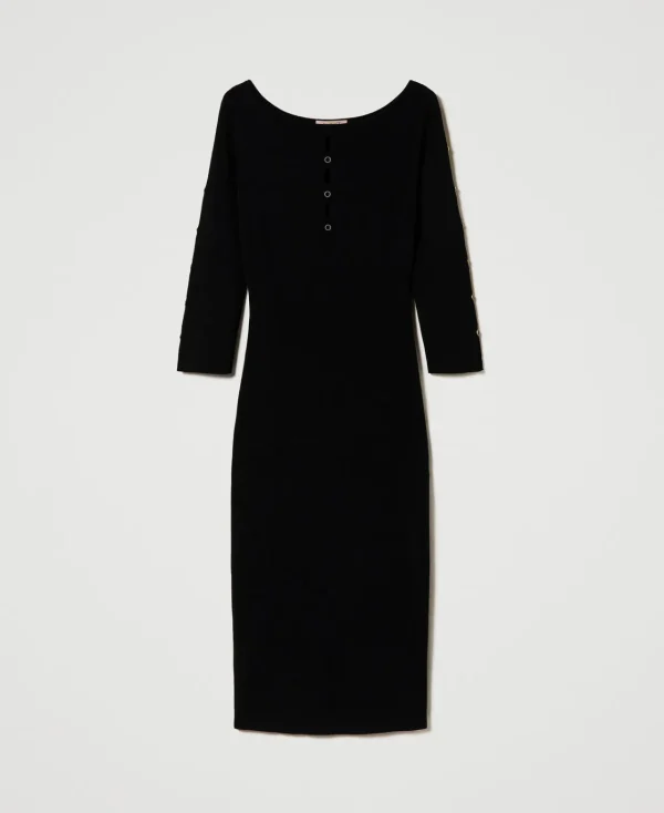 robe_midi_en_maille_avec__1.webp Robes En Maille | Robes Midi*TWINSET Milano Robe Midi En Maille Avec Ajours Et Clous Noir