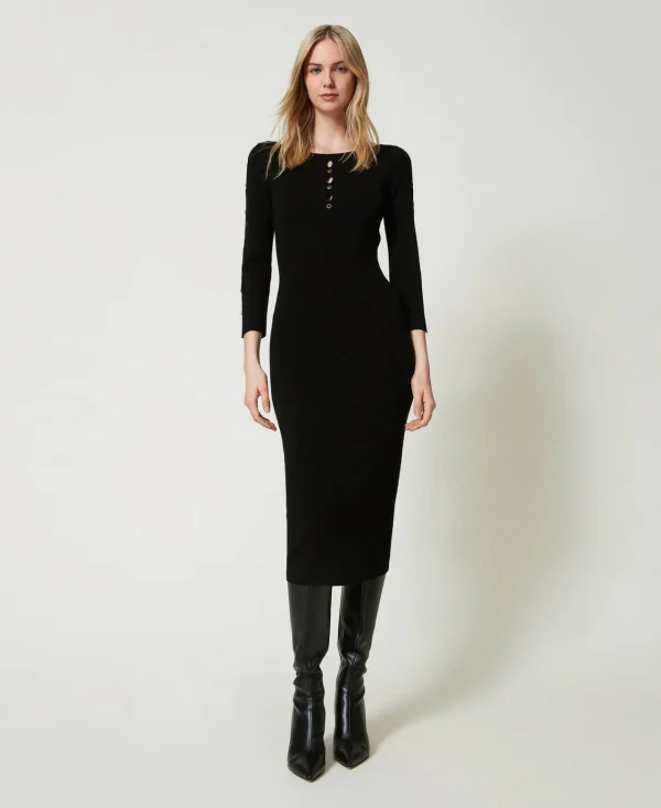 robe_midi_en_maille_avec__2.webp Robes En Maille | Robes Midi*TWINSET Milano Robe Midi En Maille Avec Ajours Et Clous Noir