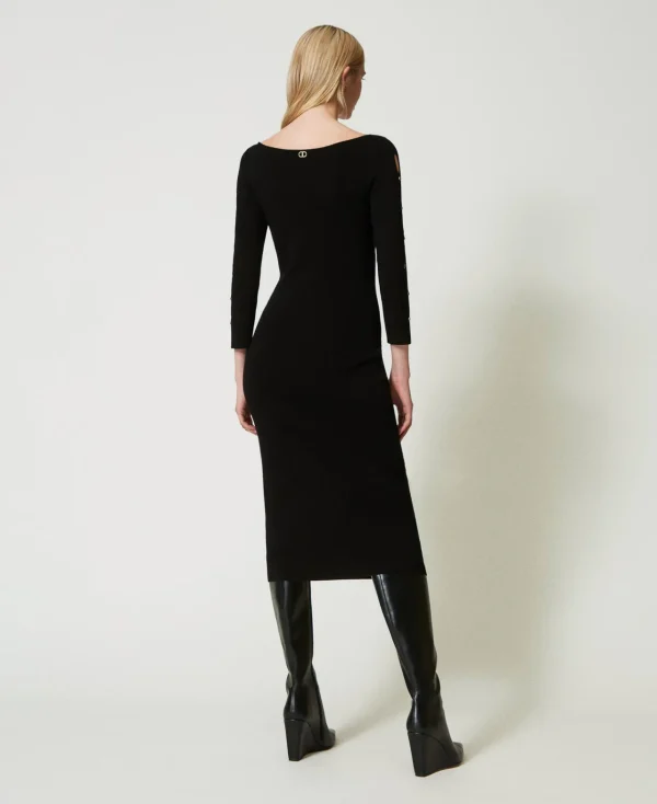 robe_midi_en_maille_avec__3.webp Robes En Maille | Robes Midi*TWINSET Milano Robe Midi En Maille Avec Ajours Et Clous Noir