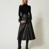 robe_midi_en_maille_et_ti_0.webp Robes En Maille | Robes Midi*TWINSET Milano Robe Midi En Maille Et Tissu Enduit Noir