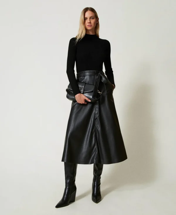 robe_midi_en_maille_et_ti_0.webp Robes En Maille | Robes Midi*TWINSET Milano Robe Midi En Maille Et Tissu Enduit Noir