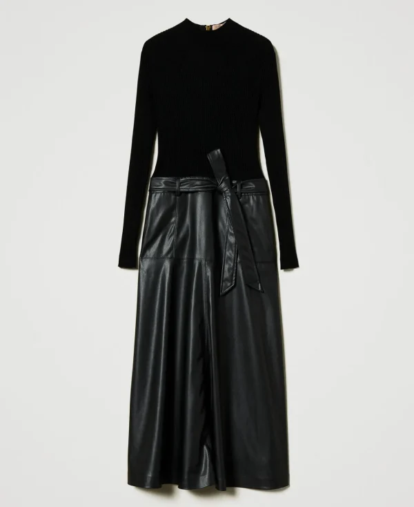 robe_midi_en_maille_et_ti_1.webp Robes En Maille | Robes Midi*TWINSET Milano Robe Midi En Maille Et Tissu Enduit Noir