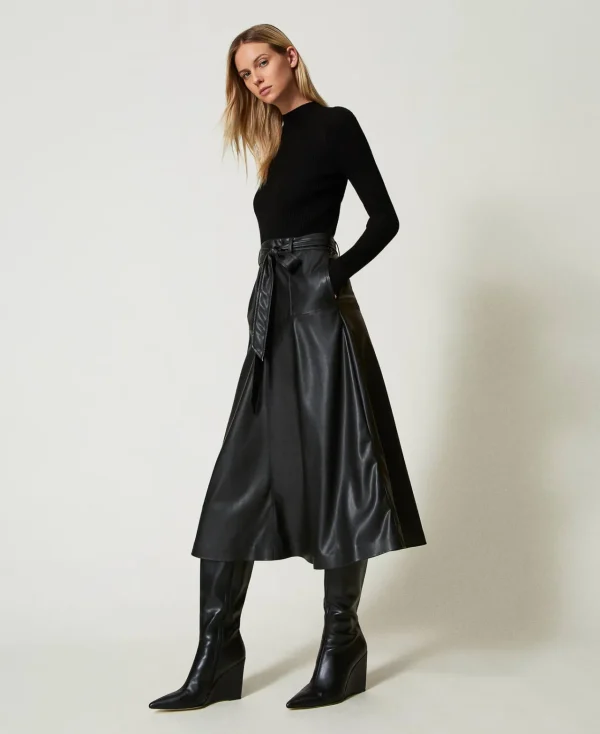 robe_midi_en_maille_et_ti_2.webp Robes En Maille | Robes Midi*TWINSET Milano Robe Midi En Maille Et Tissu Enduit Noir