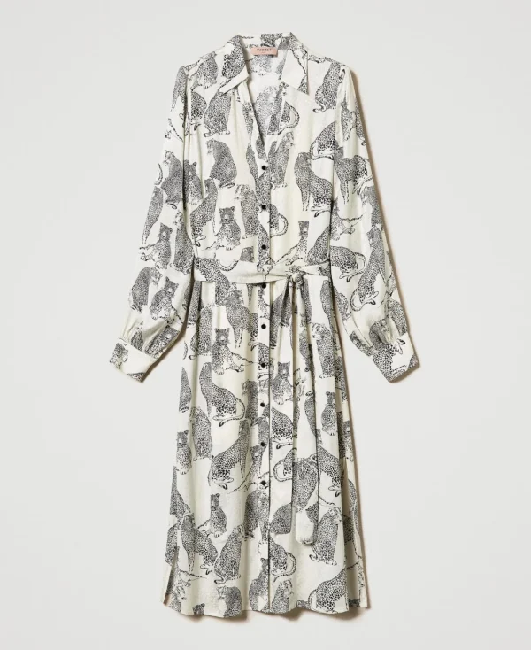 robe_midi_jacquard_avec_i_1.webp Robes De Cérémonie | Robes Midi*TWINSET Milano Robe Midi Jacquard Avec Imprimé Jaguar Imprimé Jaguars Noir/Blanc Neige