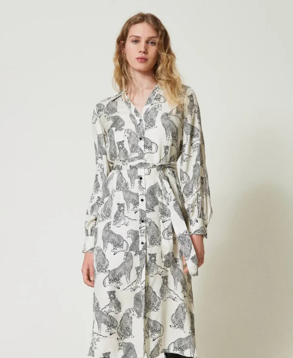 robe_midi_jacquard_avec_i_2.webp Robes De Cérémonie | Robes Midi*TWINSET Milano Robe Midi Jacquard Avec Imprimé Jaguar Imprimé Jaguars Noir/Blanc Neige
