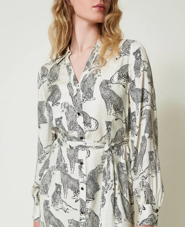 robe_midi_jacquard_avec_i_5.webp Robes De Cérémonie | Robes Midi*TWINSET Milano Robe Midi Jacquard Avec Imprimé Jaguar Imprimé Jaguars Noir/Blanc Neige