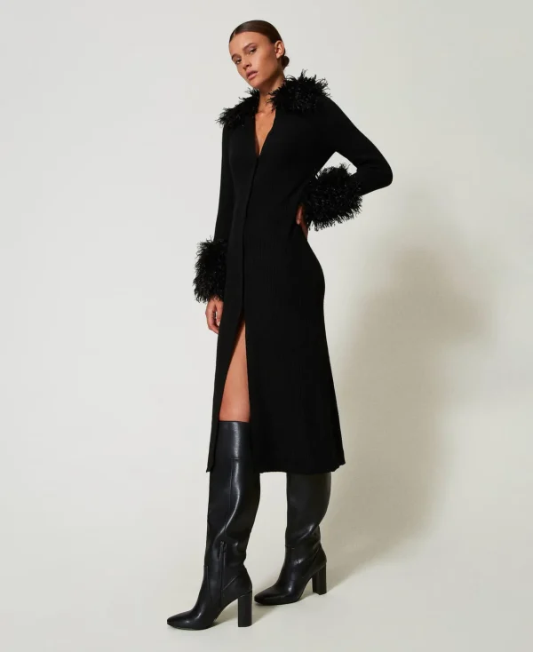 robecardigan_longue_en_la_2.webp Pulls Et Cardigans | Robes De Cérémonie*TWINSET Milano Robe-cardigan Longue En Laine Mélangée Et Fausse Fourrure Noir
