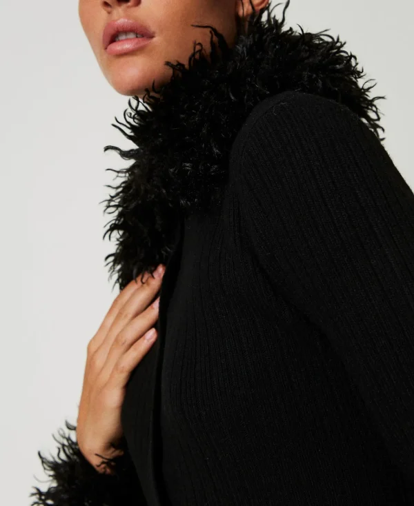 robecardigan_longue_en_la_4.webp Pulls Et Cardigans | Robes De Cérémonie*TWINSET Milano Robe-cardigan Longue En Laine Mélangée Et Fausse Fourrure Noir