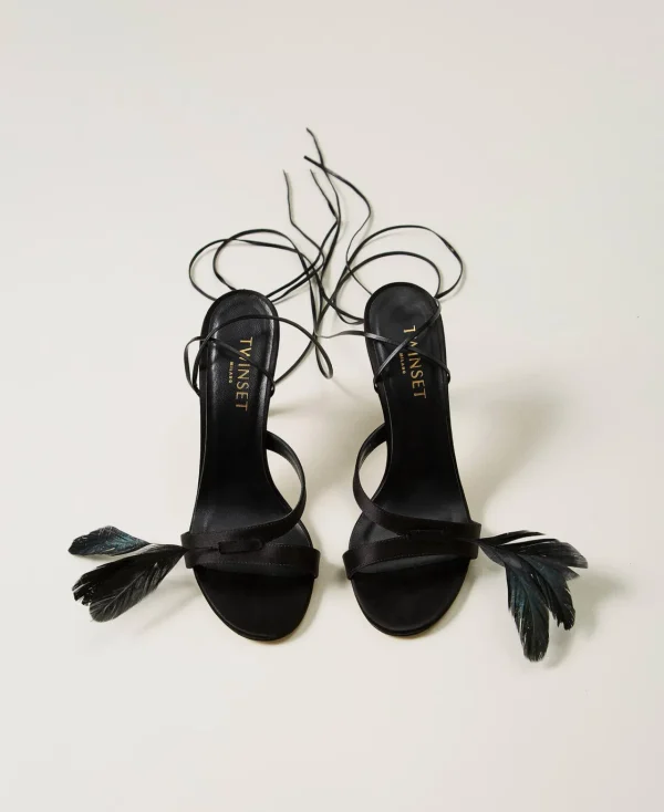 sandales_avec_lacets_et_p_4.webp Chaussures À Talons | Escarpins Et Sandales*TWINSET Milano Sandales Avec Lacets Et Plumes Noir