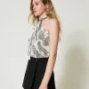 top_asymtrique_jacquard_a_3.webp T-Shirts Et Tops*TWINSET Milano Top Asymétrique Jacquard Avec Imprimé Jaguar Imprimé Jaguars Noir/Blanc Neige