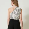 top_asymtrique_jacquard_a_4.webp T-Shirts Et Tops*TWINSET Milano Top Asymétrique Jacquard Avec Imprimé Jaguar Imprimé Jaguars Noir/Blanc Neige