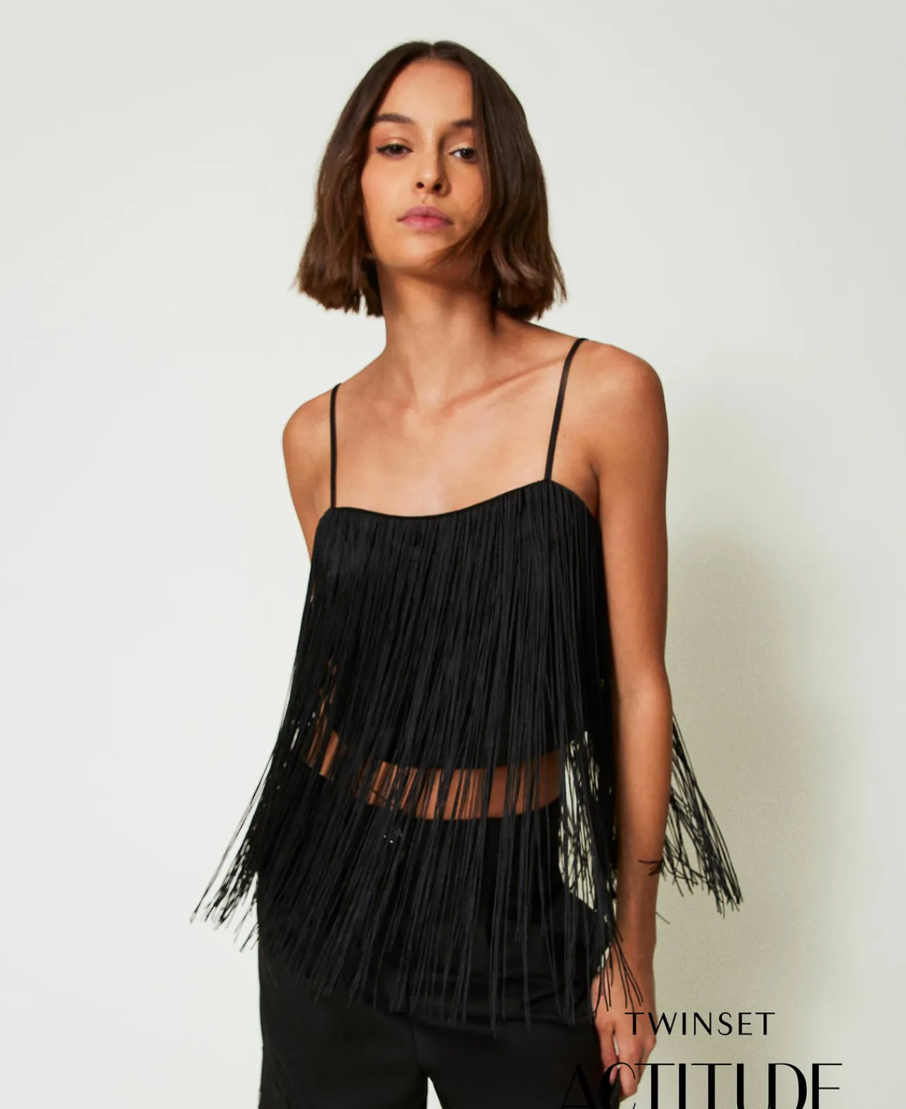 T-Shirts Et Tops*TWINSET Milano Top Court MYFO Avec Franges Noir