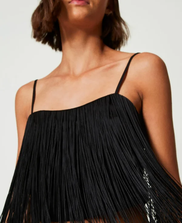 top_court_myfo_avec_frang_4.webp T-Shirts Et Tops*TWINSET Milano Top Court MYFO Avec Franges Noir
