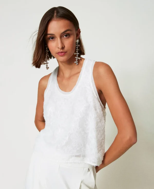 top_dbardeur_avec_sequins_2.webp T-Shirts Et Tops*TWINSET Milano Top Débardeur Avec Sequins All-over Blanc "Papers"