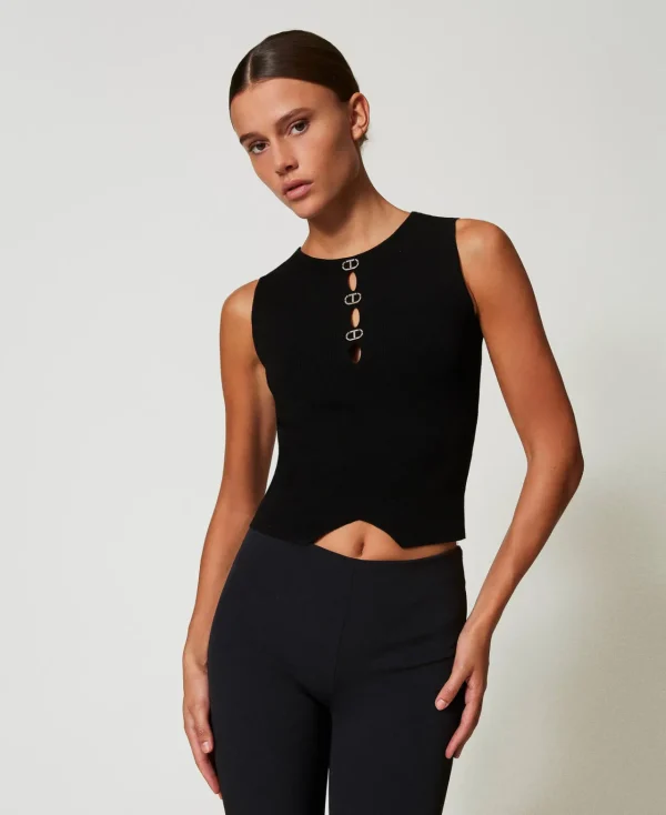 top_double_usage_en_maill_2.webp T-Shirts Et Tops*TWINSET Milano Top Double Usage En Maille Avec Oval T Noir