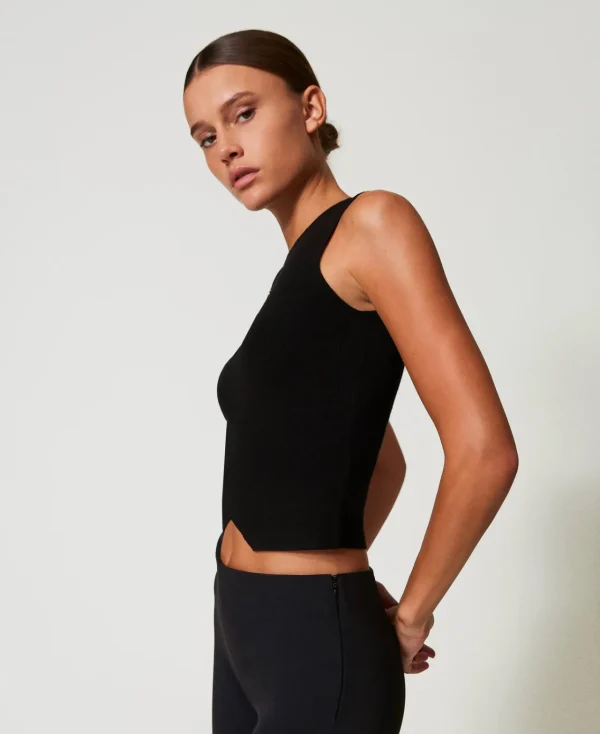 top_double_usage_en_maill_3.webp T-Shirts Et Tops*TWINSET Milano Top Double Usage En Maille Avec Oval T Noir