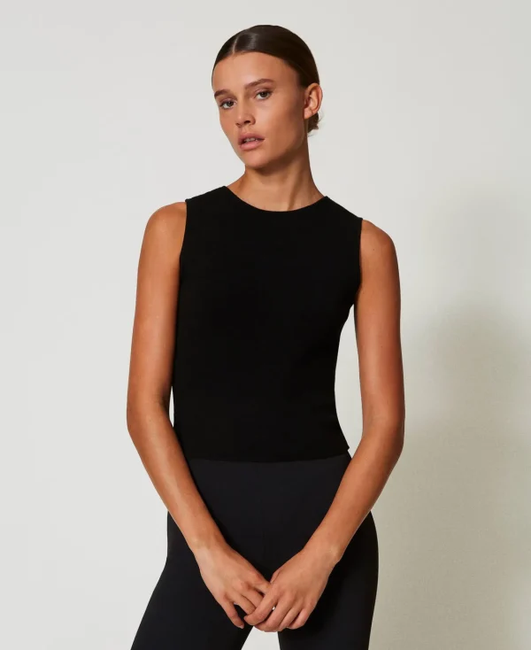 top_double_usage_en_maill_5.webp T-Shirts Et Tops*TWINSET Milano Top Double Usage En Maille Avec Oval T Noir