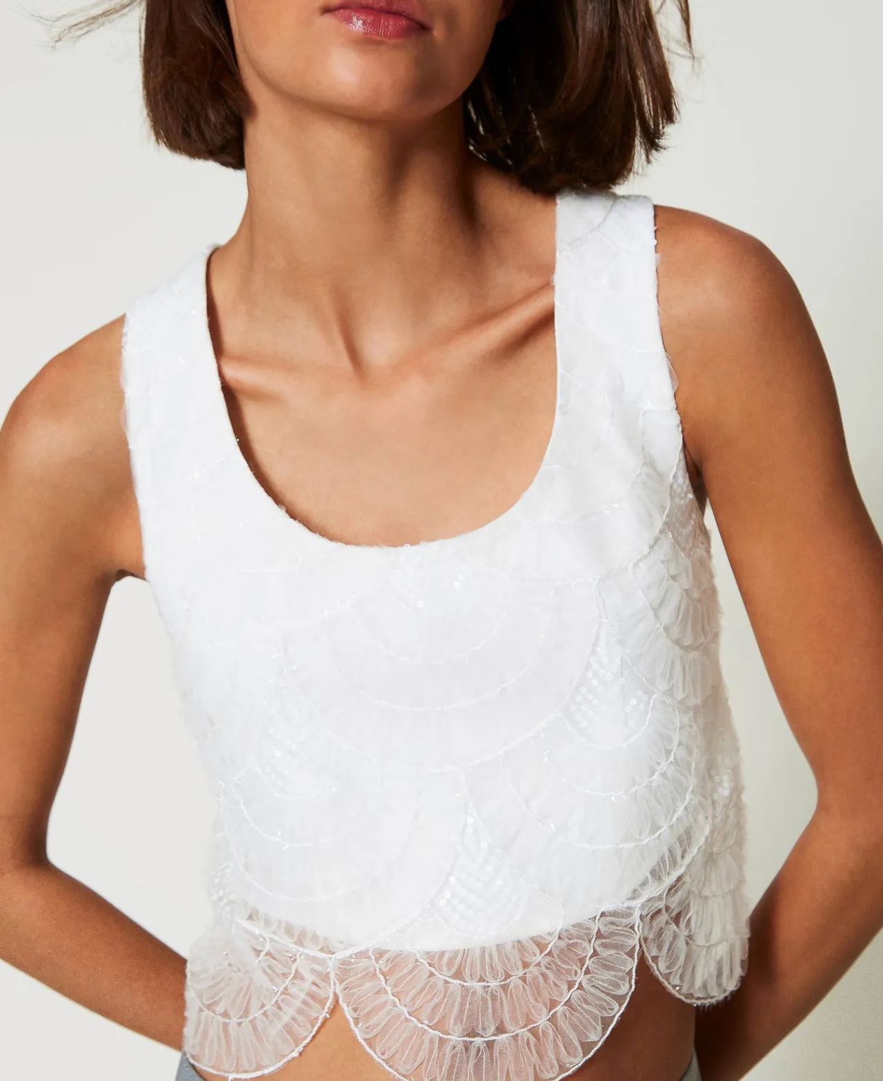 T-Shirts Et Tops*TWINSET Milano Top En Crêpe Cady Et Organza Brodé Crème White