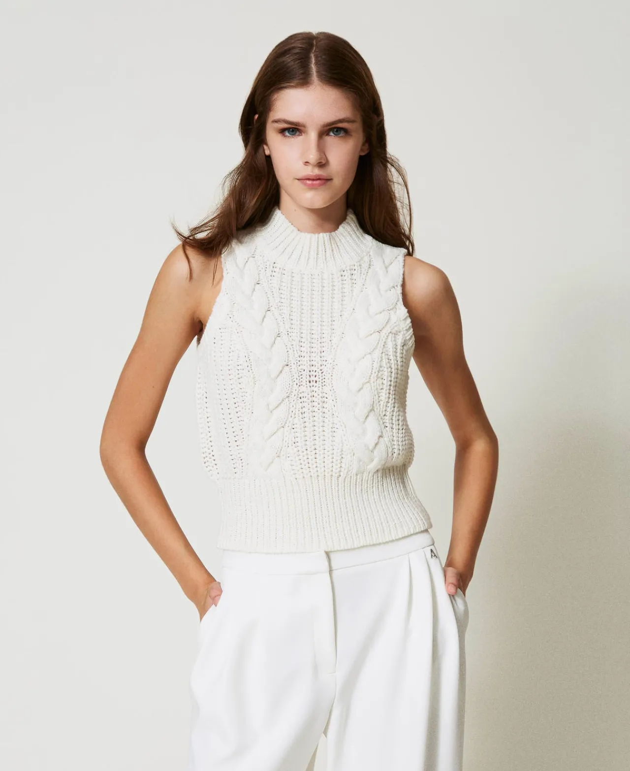 top_en_maille_avec_ctes_e_0.webp T-Shirts Et Tops*TWINSET Milano Top En Maille Avec Côtes Et Torsades Off White