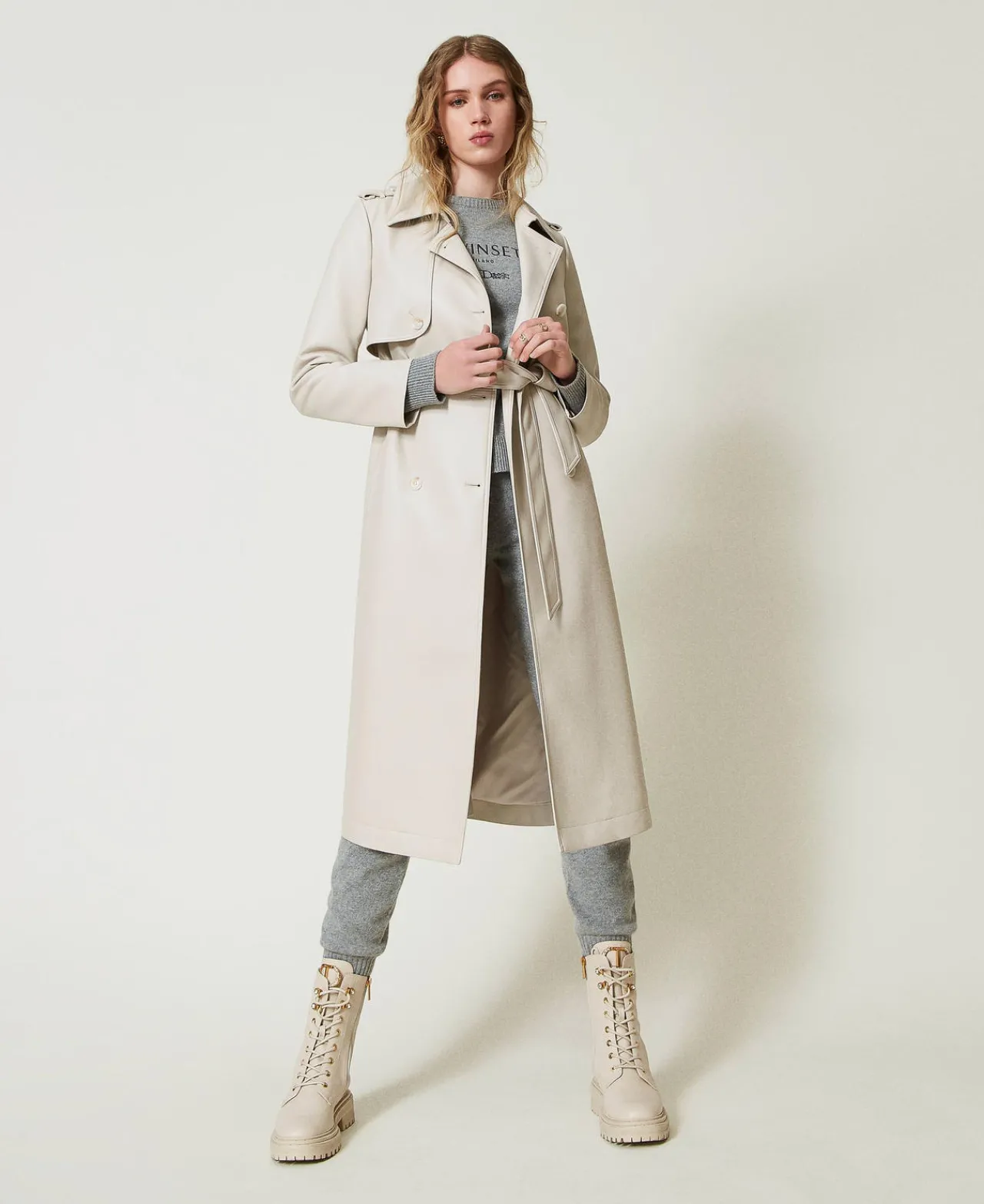 Manteaux Et Trenchs*TWINSET Milano Trench Long Enduit Avec Ceinture Blanc « Old White »