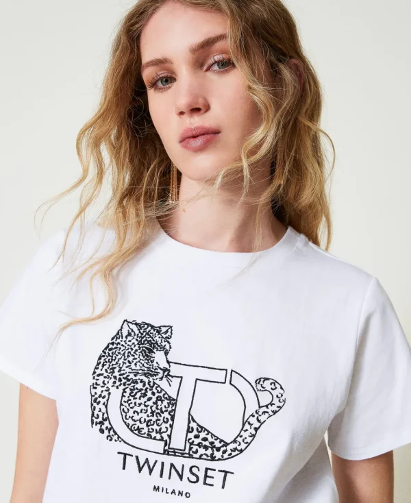 tshirt_avec_broderie_sigl_4.webp T-Shirts Et Tops*TWINSET Milano T-shirt Avec Broderie Siglée Et Jaguar Blanc
