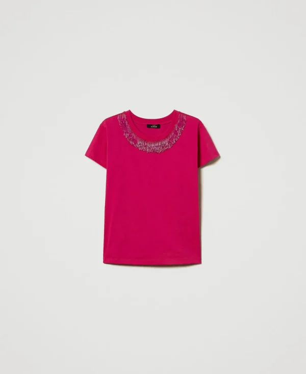 tshirt_avec_franges_brode_1.webp T-Shirts Et Tops*TWINSET Milano T-shirt Avec Franges Brodées Super Pink