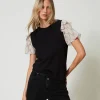 T-Shirts Et Tops*TWINSET Milano T-shirt Avec Manches En Crépon Noir/Imprimé Nœuds Blanc « White Cream »
