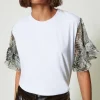 T-Shirts Et Tops*TWINSET Milano T-shirt Avec Manches Ornées D’un Imprimé Serpent Bicolore Blanc « Papers »/Imprimé Soft Serpent