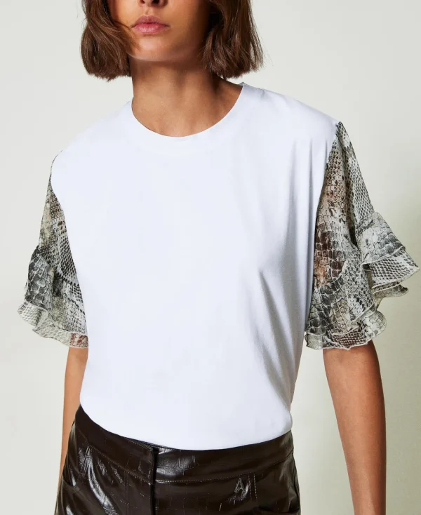 T-Shirts Et Tops*TWINSET Milano T-shirt Avec Manches Ornées D’un Imprimé Serpent Bicolore Blanc « Papers »/Imprimé Soft Serpent