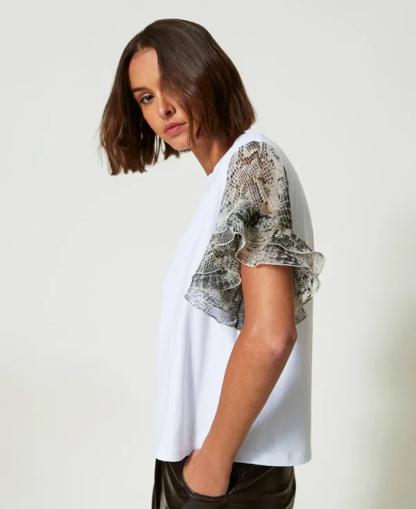 T-Shirts Et Tops*TWINSET Milano T-shirt Avec Manches Ornées D’un Imprimé Serpent Bicolore Blanc « Papers »/Imprimé Soft Serpent
