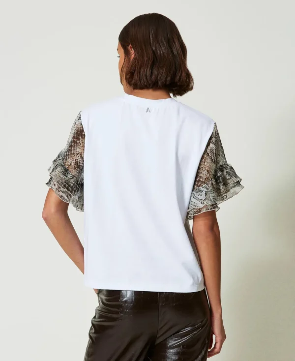 T-Shirts Et Tops*TWINSET Milano T-shirt Avec Manches Ornées D’un Imprimé Serpent Bicolore Blanc « Papers »/Imprimé Soft Serpent