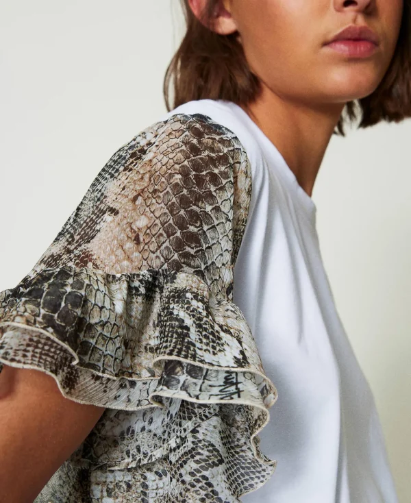 T-Shirts Et Tops*TWINSET Milano T-shirt Avec Manches Ornées D’un Imprimé Serpent Bicolore Blanc « Papers »/Imprimé Soft Serpent
