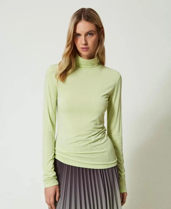 T-Shirts Et Tops*TWINSET Milano T-shirt Col Roulé Avec Broderie Siglée Vert « Soft Lime »