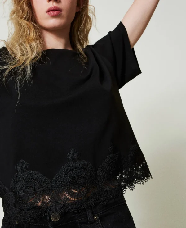 T-Shirts Et Tops*TWINSET Milano T-shirt Cropped Avec Dentelle Macramé Noir